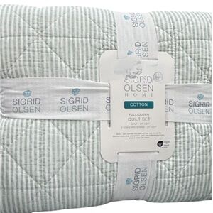 Sigrid Olsen Striped Green and White Full/Queen Quilt Set 88”x92”